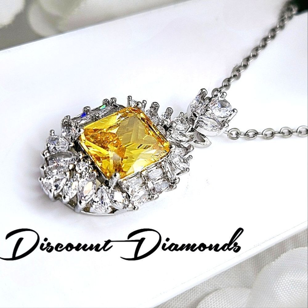 Yellow Citrine & White Diamond Pendant Necklace 14K White Gold on 925